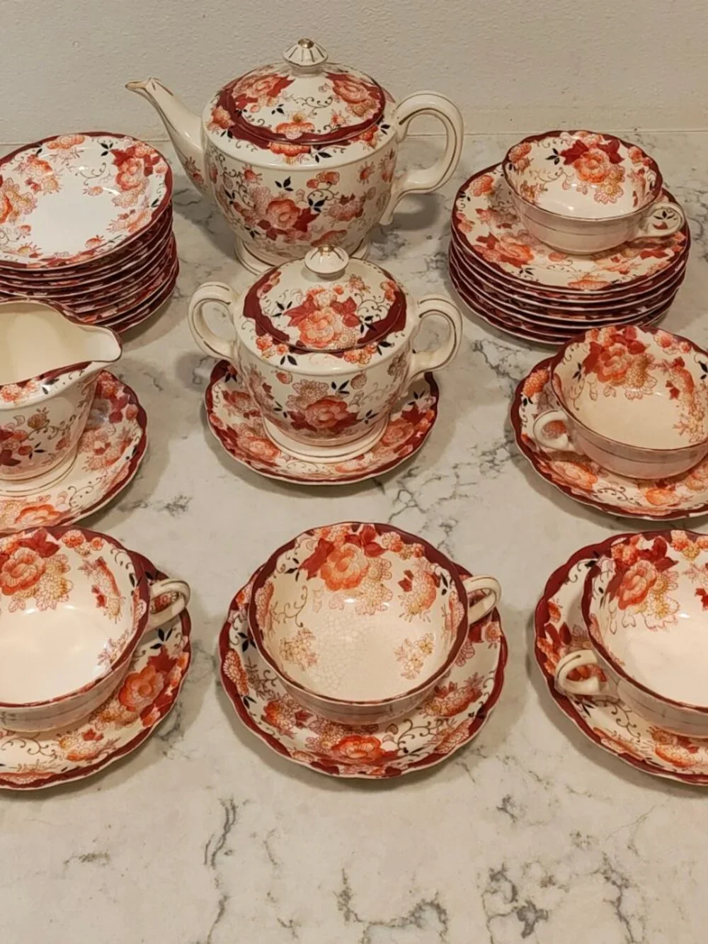 MORIYAMA MORI-MACHI JAPAN Antique China Tea Set Red Lotus